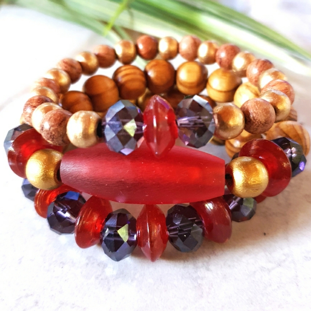 Glass Resin Crystal & Wood Beads Stretch Bracelets